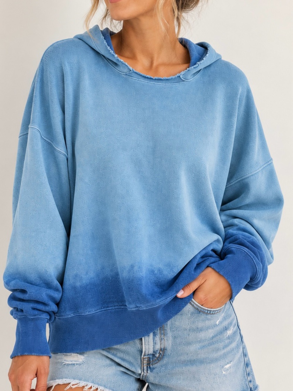 Warm Fun Warm NY Distressed Ombre Dip Dye Blue Pullover Hoodie Sweatshirt M/L